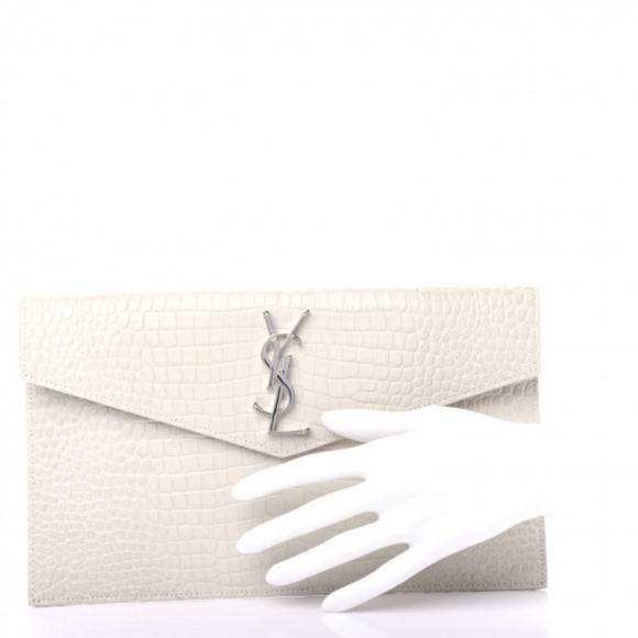 VERY RARE!! SAINT LAURENT YSL Crocodile Embossed Calfskin Uptown Monogram Clutch - Picture 13 of 16